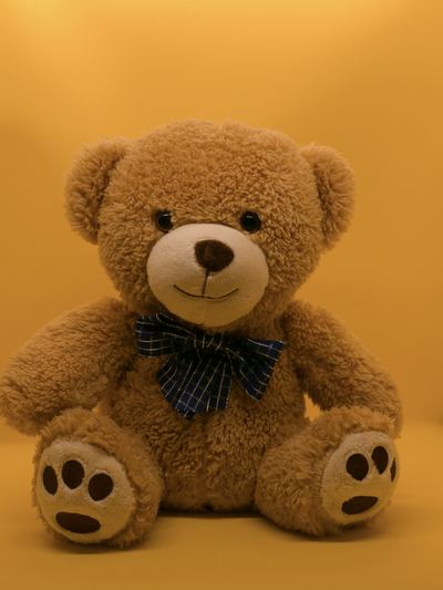 A smiling teddy bear with a blue bow tie